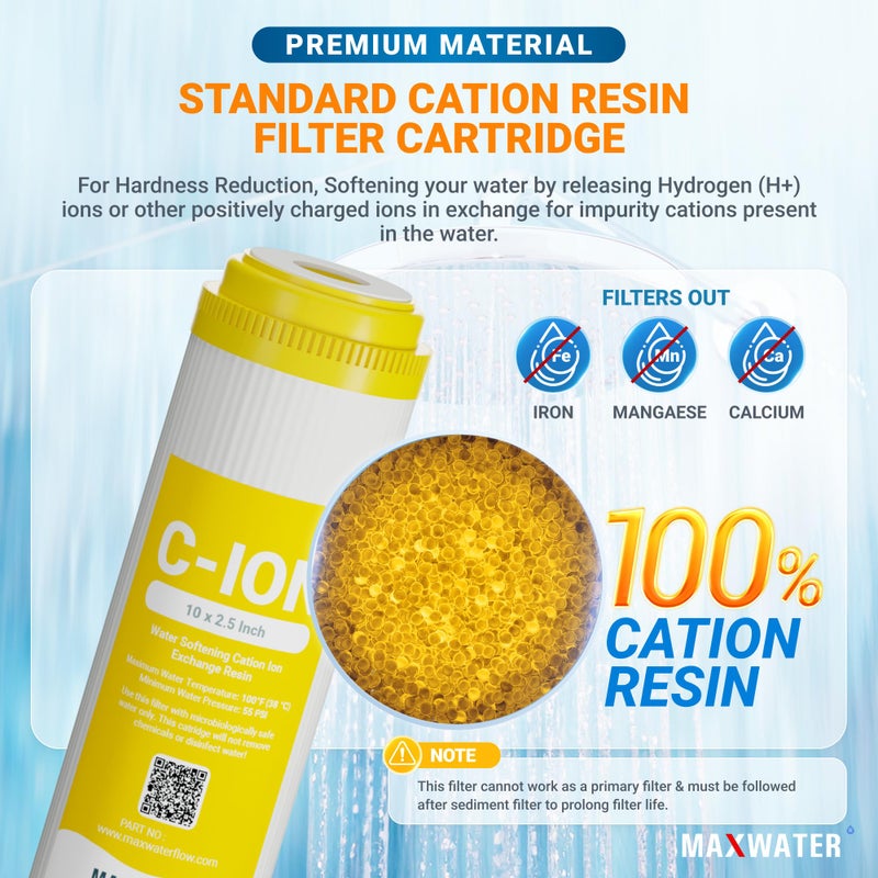 Max Water ماكس ووتر 10" × 2.5" خرطوشة مياة ناعمة من راتنج الكاتيون، متوافقة مع AF-10-3003، WS-10، UDF-10C100E، 155319-43 وجميع أنظمة تصفية المياه المنزلية القياسية 10 بوصة (عبوة 2)  - Image 3